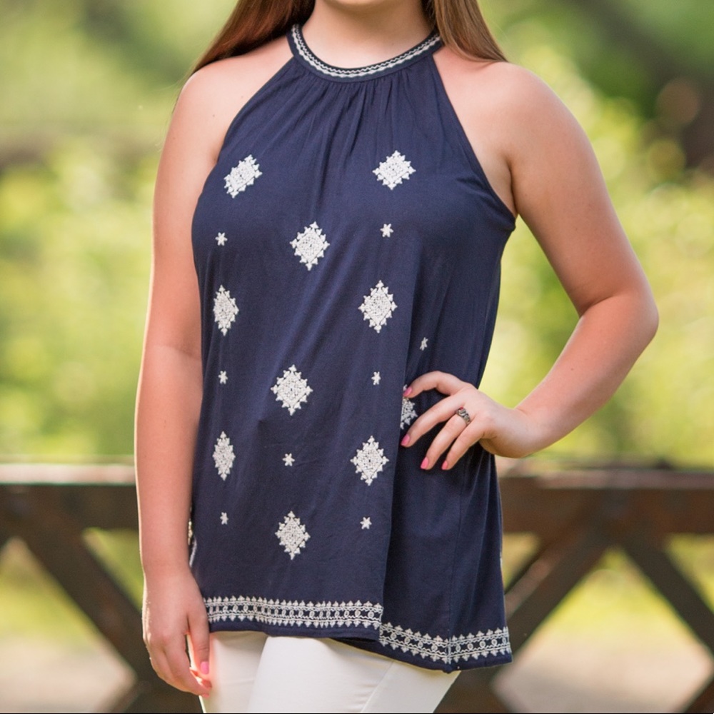 LOFT Navy Blue Embroidered Halter Tank Top